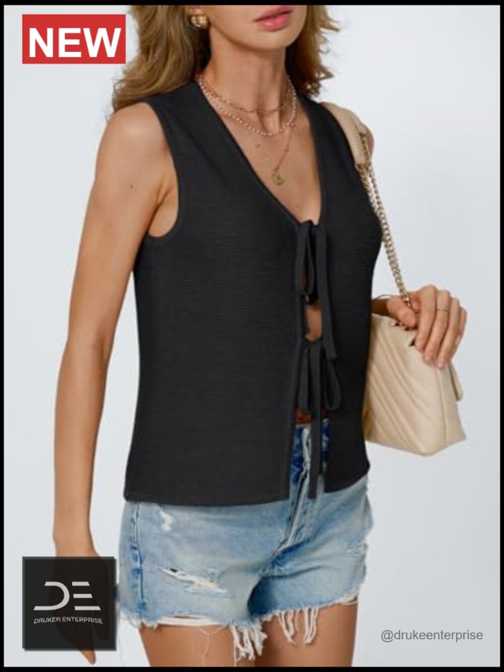 Sleeveless V-Neck Crochet Knit Tank Top Tie Front Summer Beach Vacation Vest - Picture 3 of 6